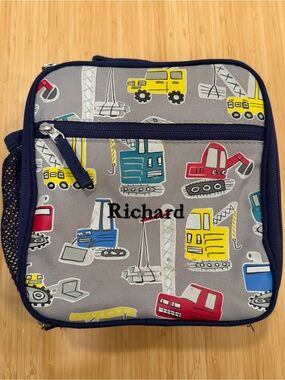 Pottery Barn Kids Construction Lunch Bag Richard Embroidery Gray Box 8.5" Boys